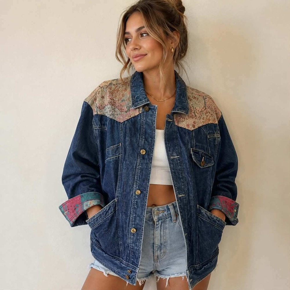 Vintage JAG Women's M Denim Jacket Floral Tapestry Boho Western Jean Coat